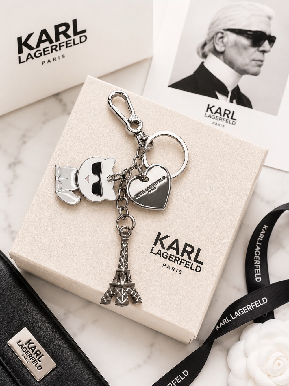 Karl Lagerfeld Paris Eiffel Tower Keychain/Bag Charm – Silver Tone – Authentic
